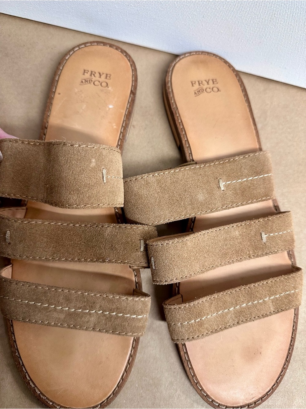 FRYE AND CO. Triple-Strap Suede Slide Sandals in Tan
